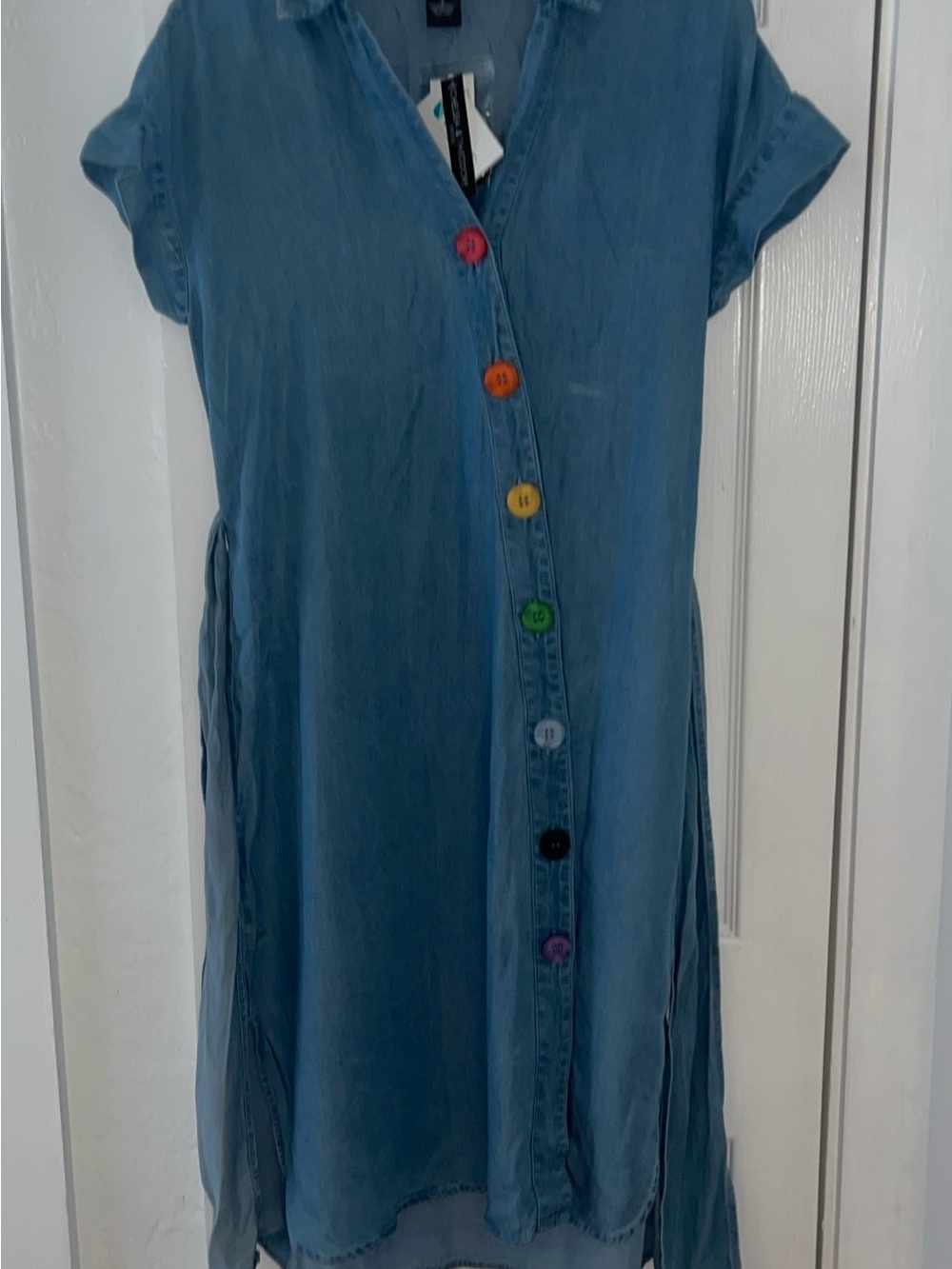 Chelsea & Theodore Blue Denim Shirt Dress with Rainbow Buttons